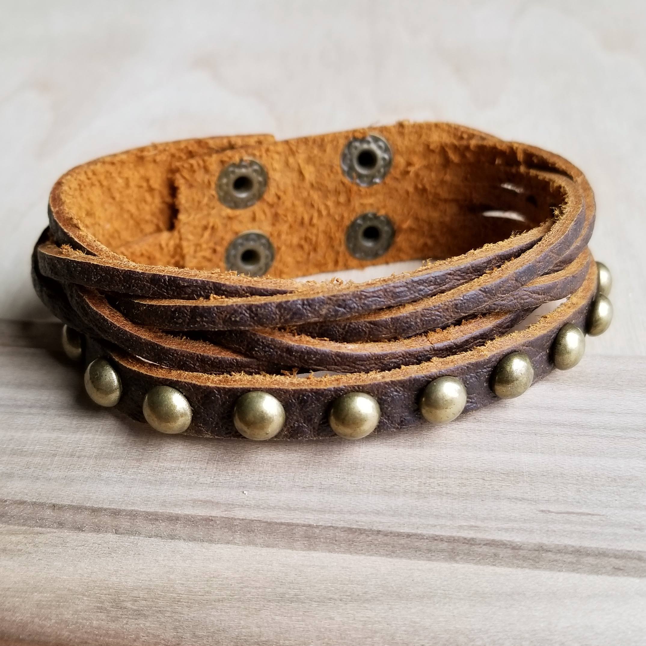 Multi-Strand Leather Cuff with Antique Gold Studs