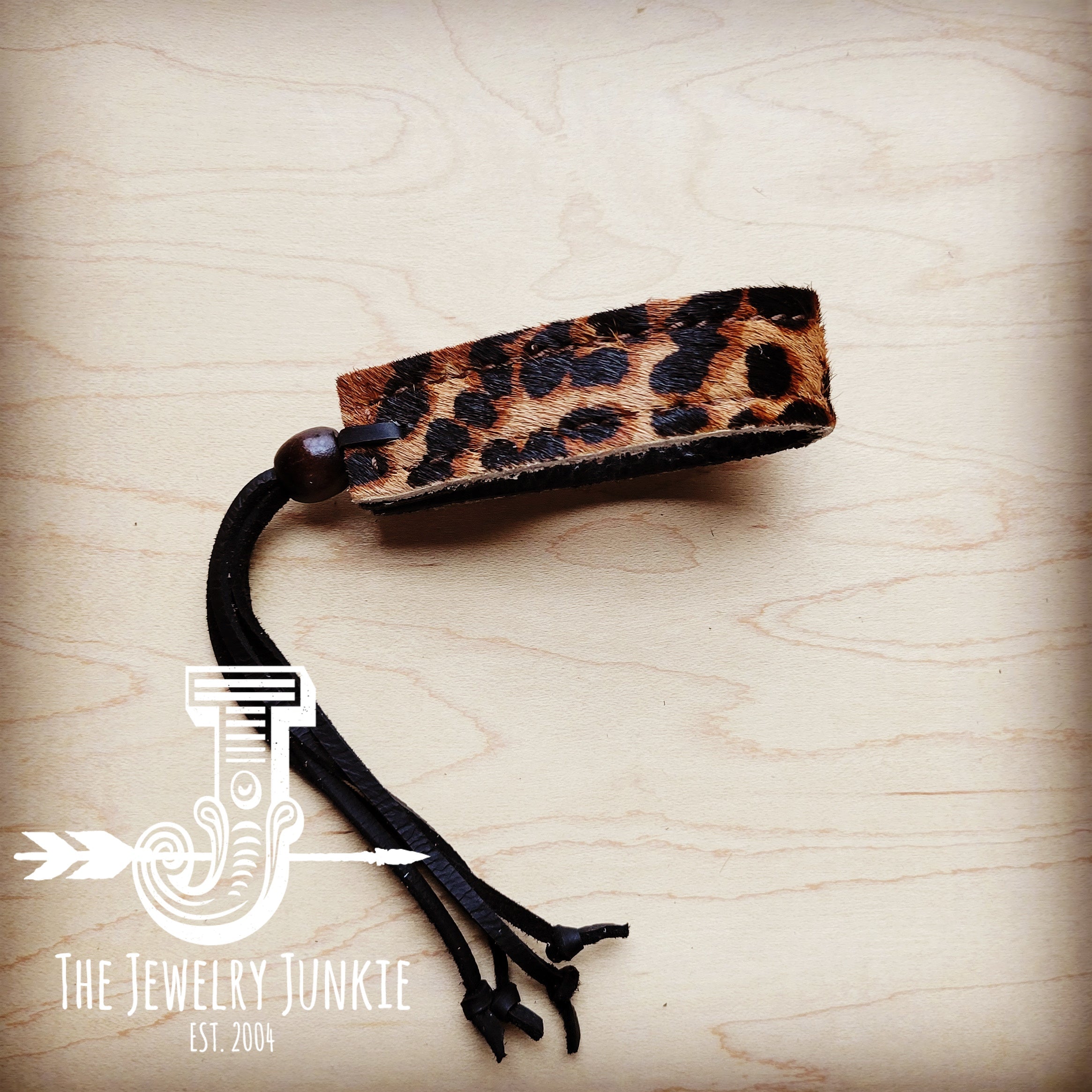 Narrow Leather Cuff w/ Adjustable Tie Hair Hide Leopard