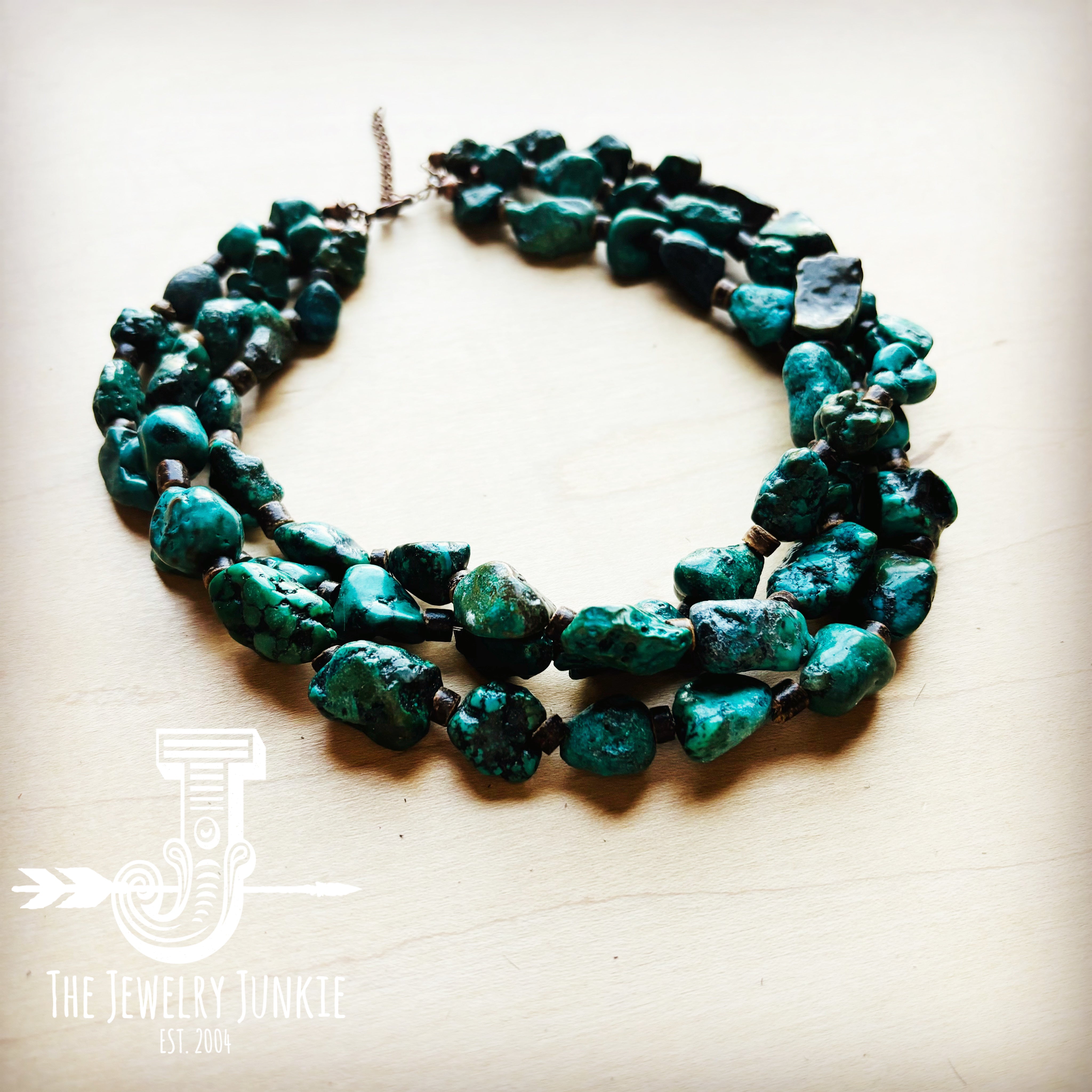 Large Triple Strand Natural Turquoise & Wood Collar Necklace