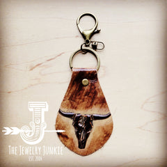 Embossed Leather Key Chain - Tan Steer Head