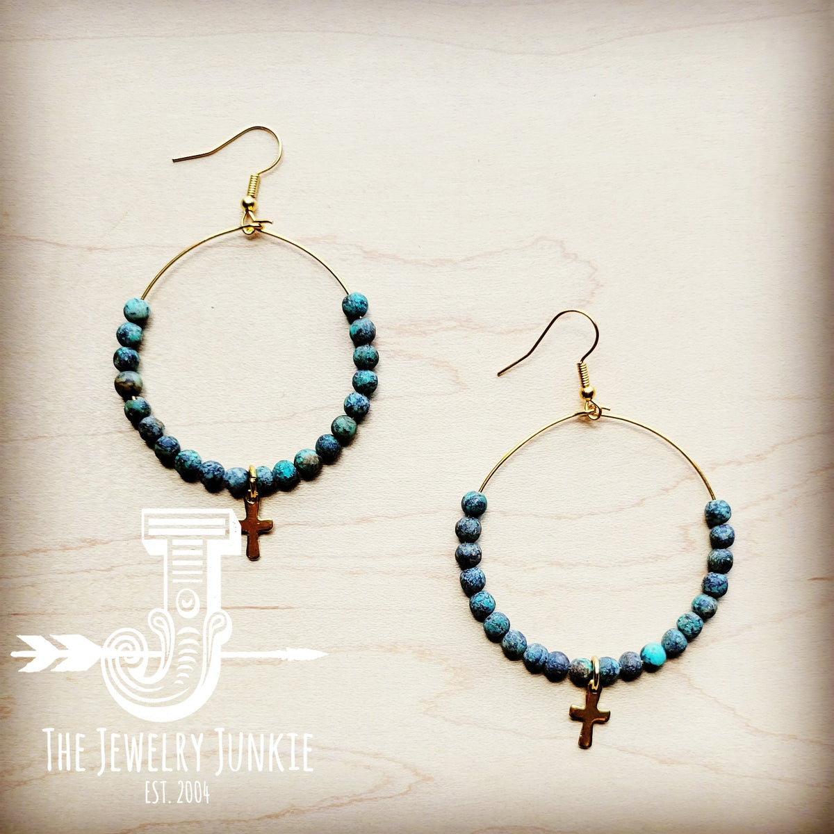 Beaded Hoop Earrings- African Turquoise w/ Cross Dangle