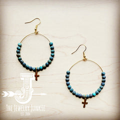 Beaded Hoop Earrings- African Turquoise w/ Cross Dangle