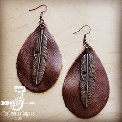 Leather Teardrop Earrings Brown w/ Copper Feather