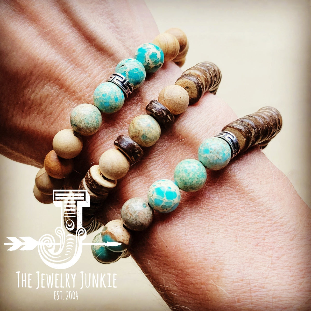 Wood and Imperial Jasper Stretch Bracelet Trio