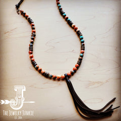 Multi-Colored Turquoise Necklace with Wood Beads and Leather Tassel