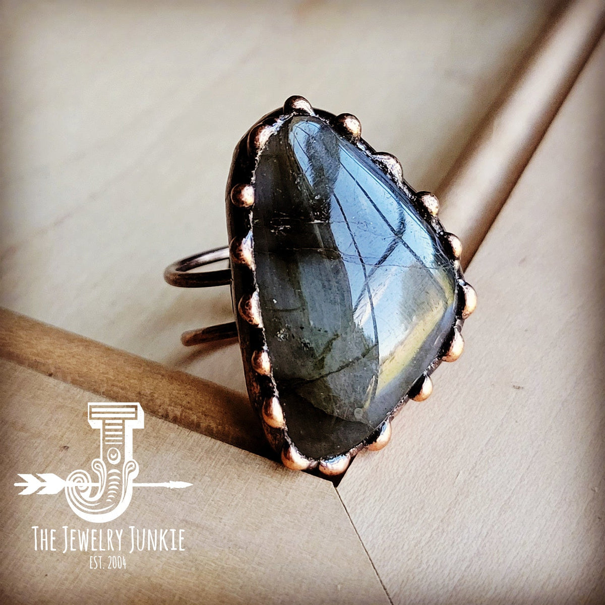 Genuine Labradorite Ring set in Antique Copper