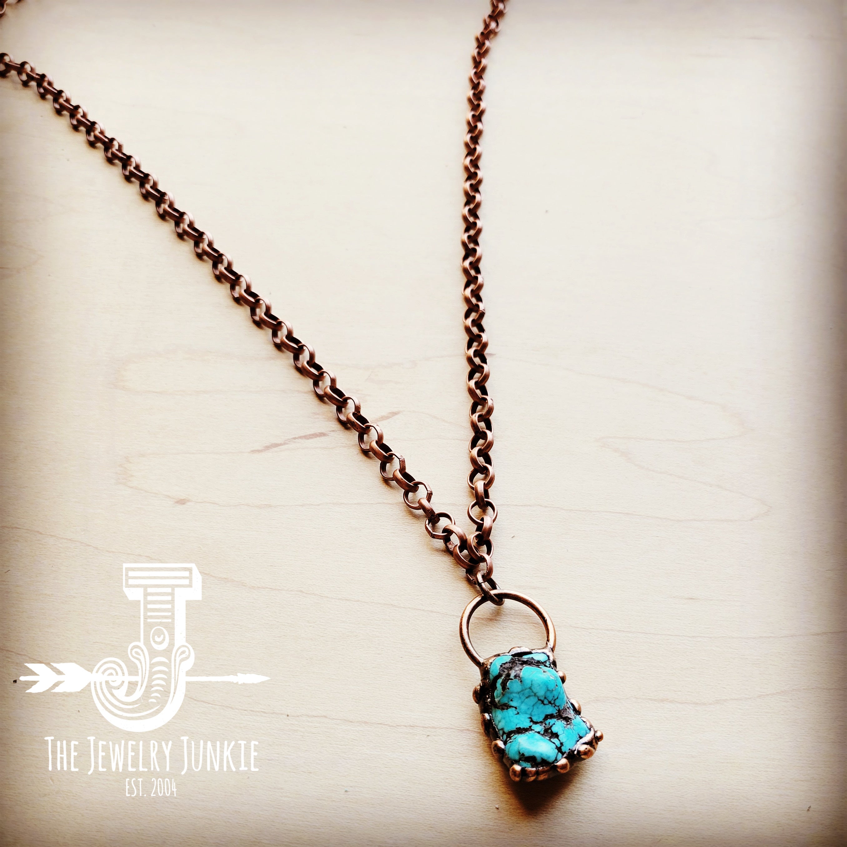 Long Copper Necklace w/ Turquoise and Copper Pendant