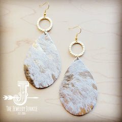 Leather Teardrop Earrings Hair-on-Hide White Metallic w/ Matte Gold Hoop