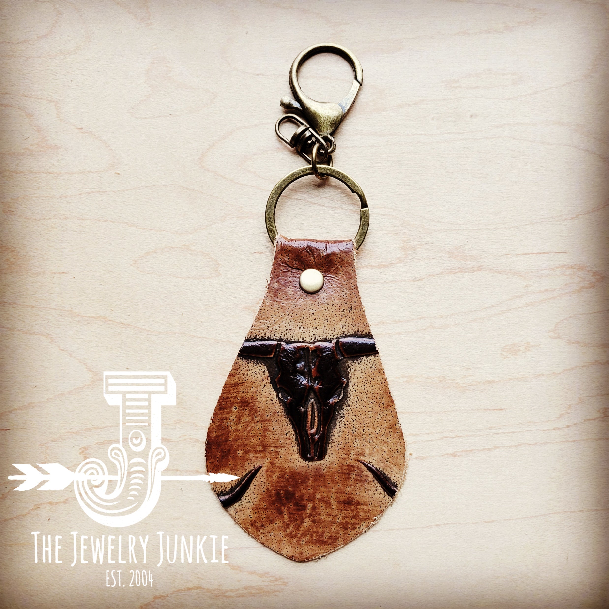 Embossed Leather Key Chain - Tan Steer Head