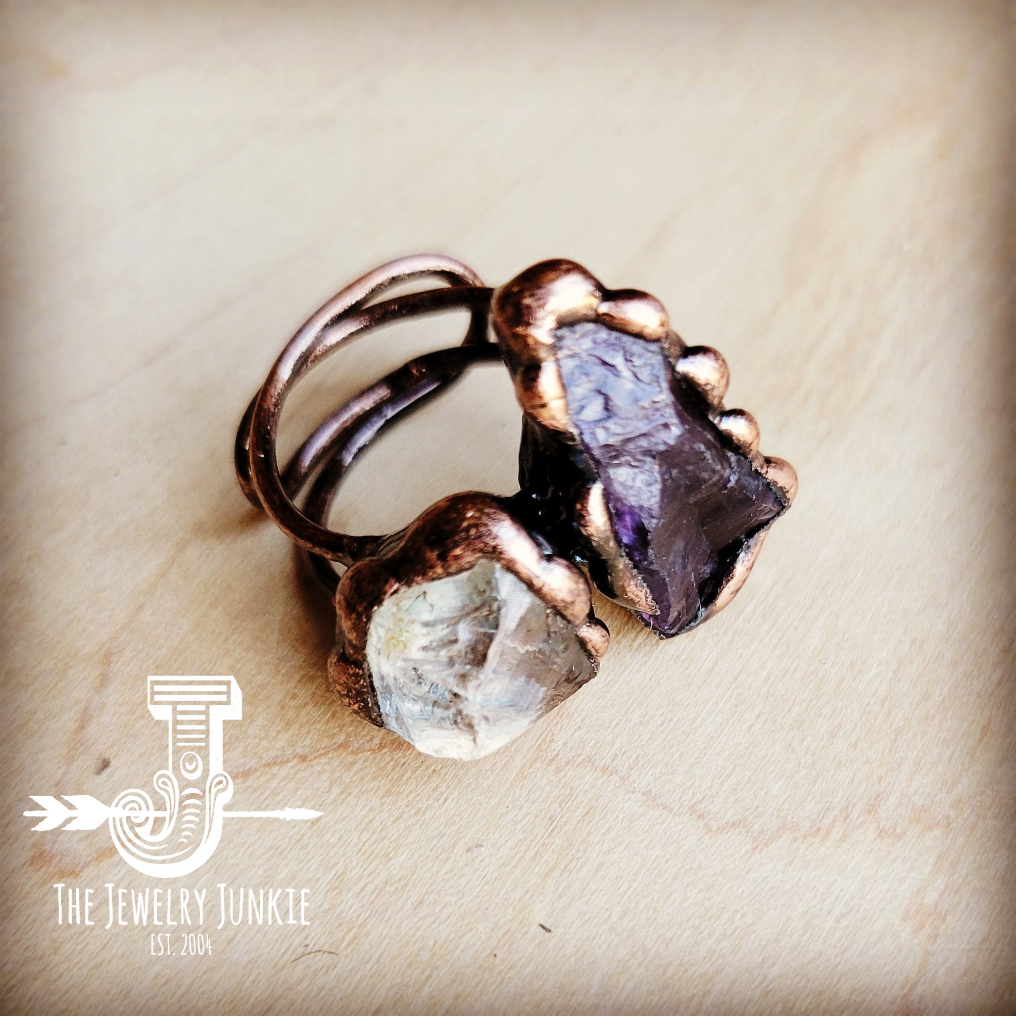 Genuine Amethyst and Quartz Ring in a Copper Setting