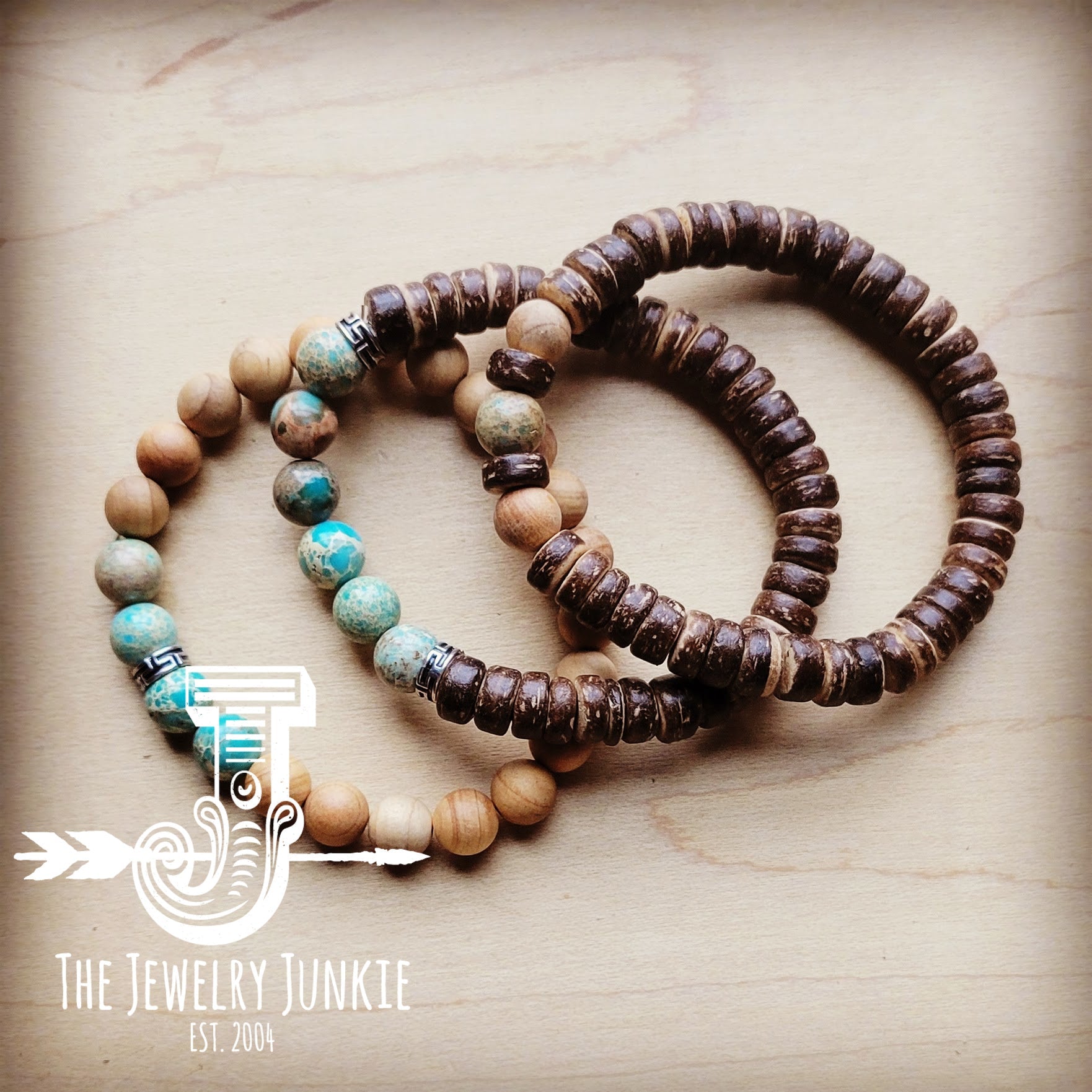 Wood and Imperial Jasper Stretch Bracelet Trio