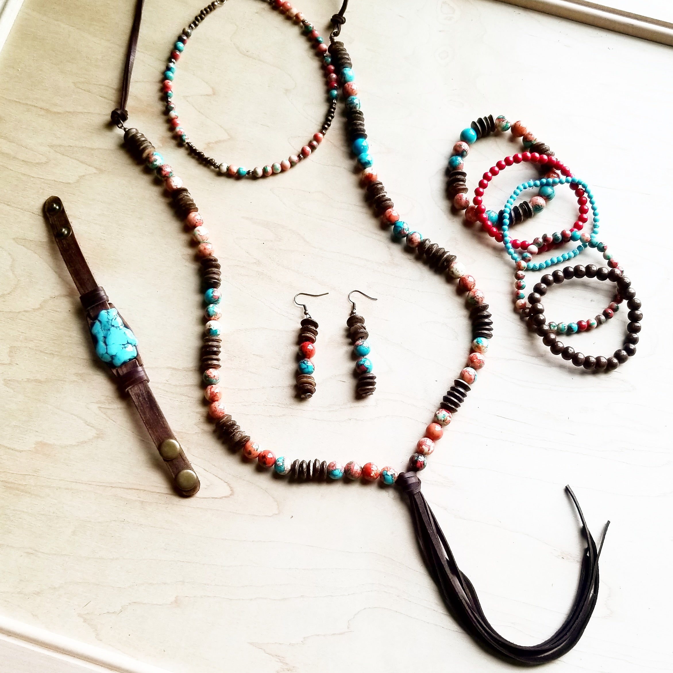 Multi-Colored Turquoise Necklace with Wood Beads and Leather Tassel