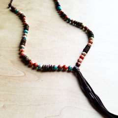 Multi-Colored Turquoise Necklace with Wood Beads and Leather Tassel