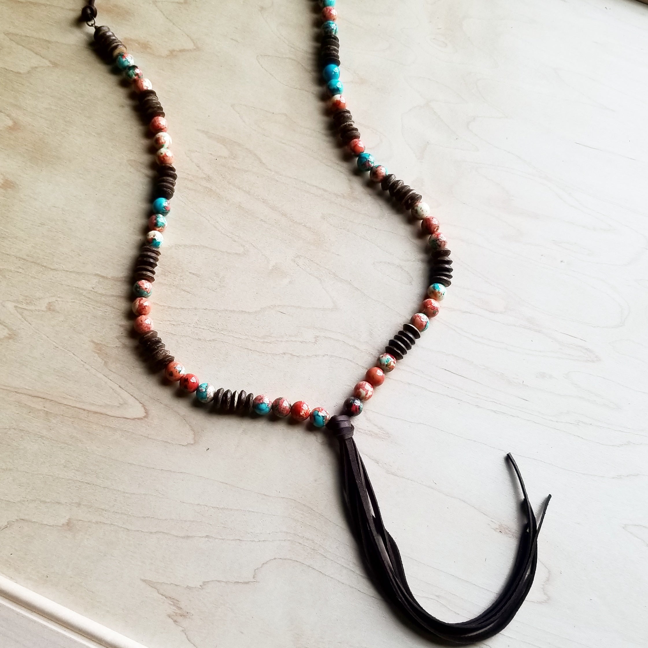 Multi-Colored Turquoise Necklace with Wood Beads and Leather Tassel