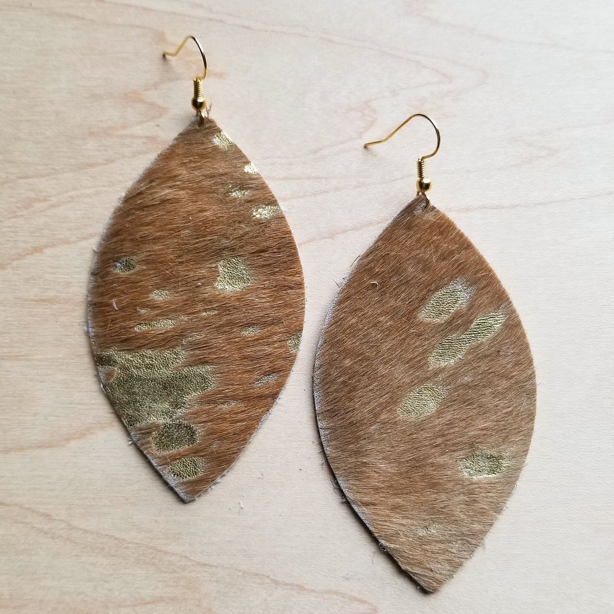 Leather Oval Earrings in Tan and Gold Metallic Hair-on-Hide