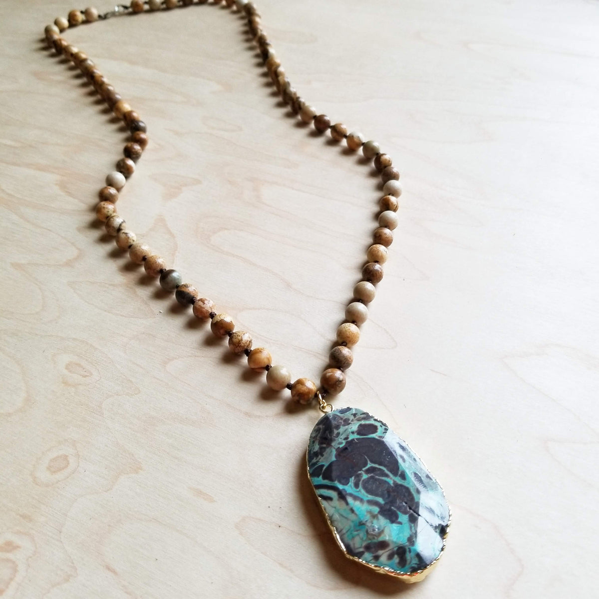 Bohemian Natural JASPER Beaded Necklace with Ocean Agate Pendant