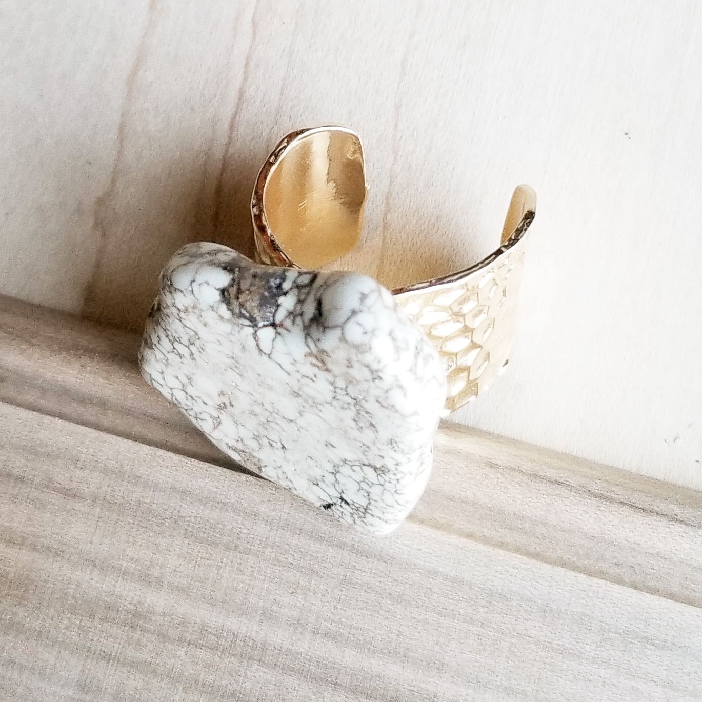 Chunky White Turquoise Slab on Hammered Gold Cuff Ring Base