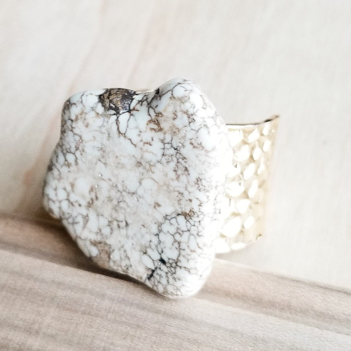 Chunky White Turquoise Slab on Hammered Gold Cuff Ring Base