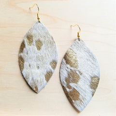 Leather Oval Earrings-Cream and Gold Hair on Hide