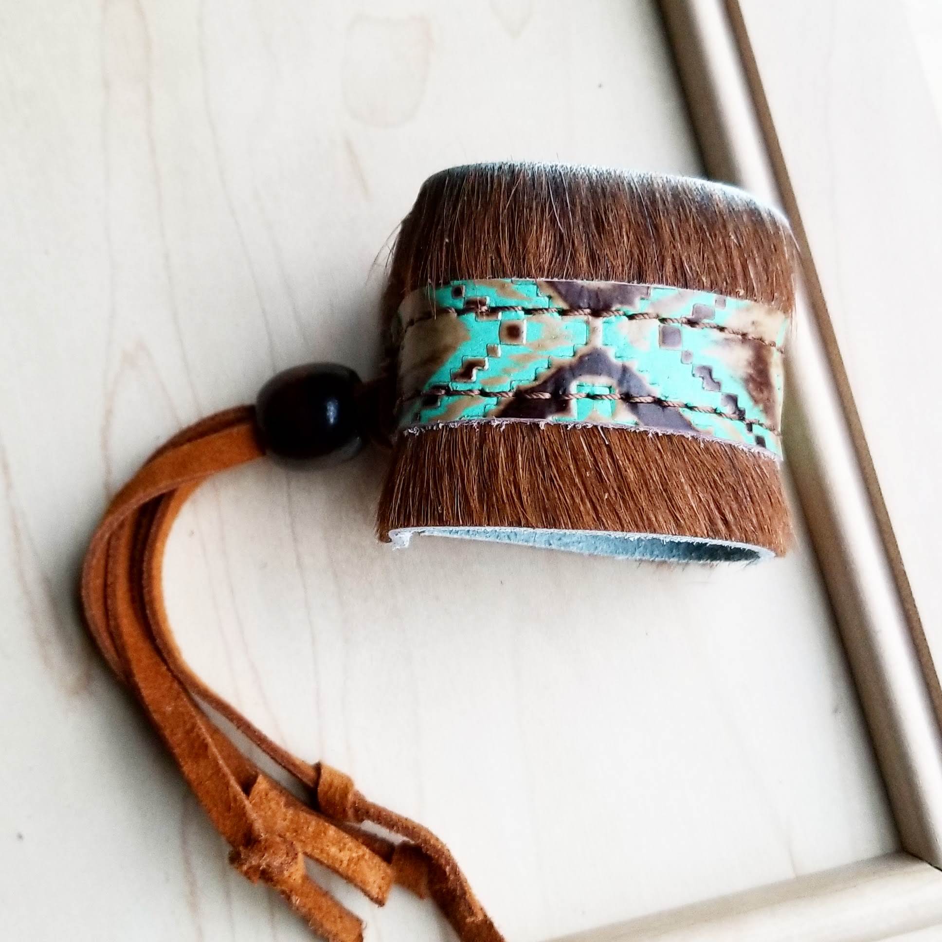 Boho Cuff Bracelet w/ Leather, Navajo Turquoise, Hair on Hide