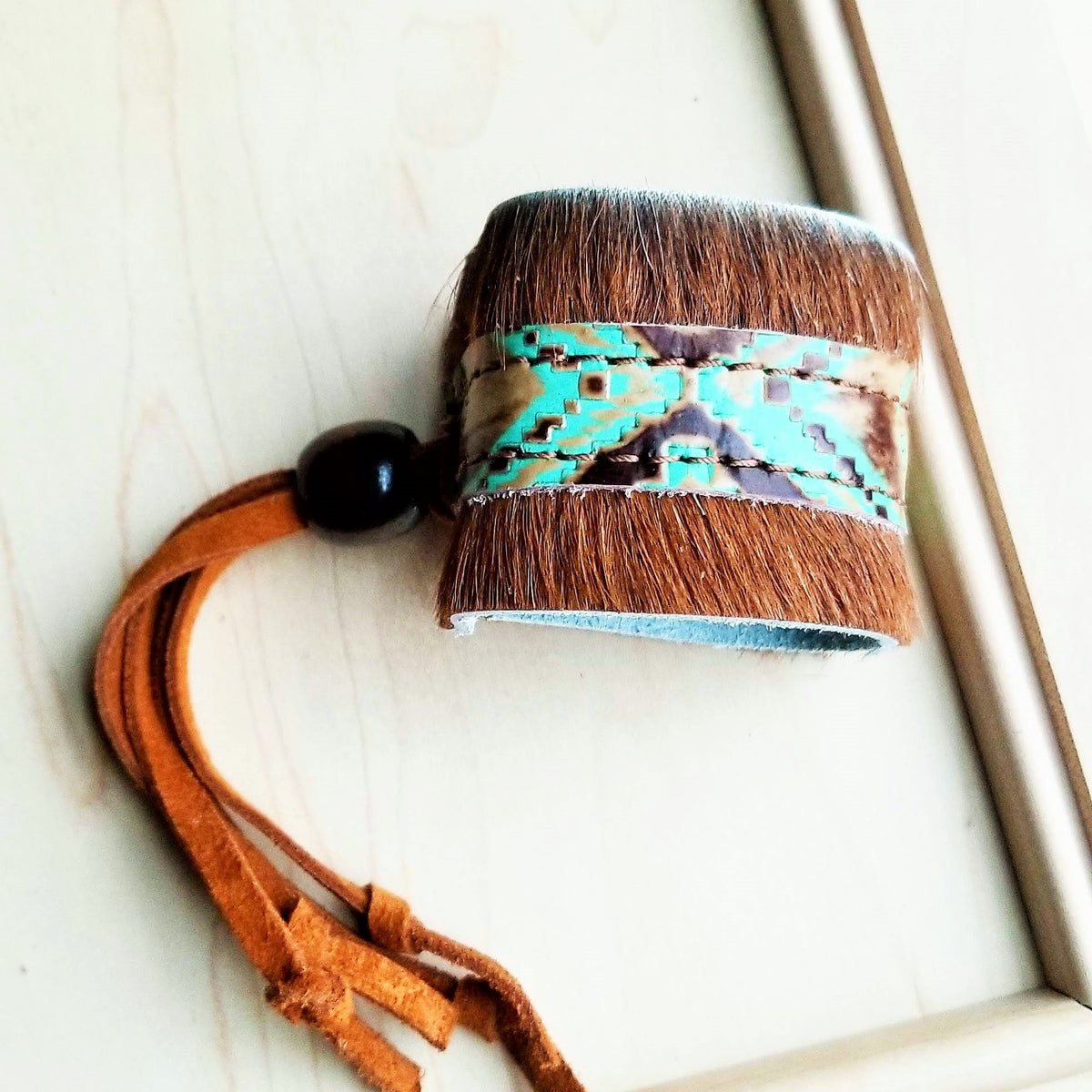 Boho Cuff Bracelet w/ Leather, Navajo Turquoise, Hair on Hide