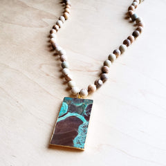 Bohemian Natural JASPER Beaded Necklace with Ocean Agate Pendant