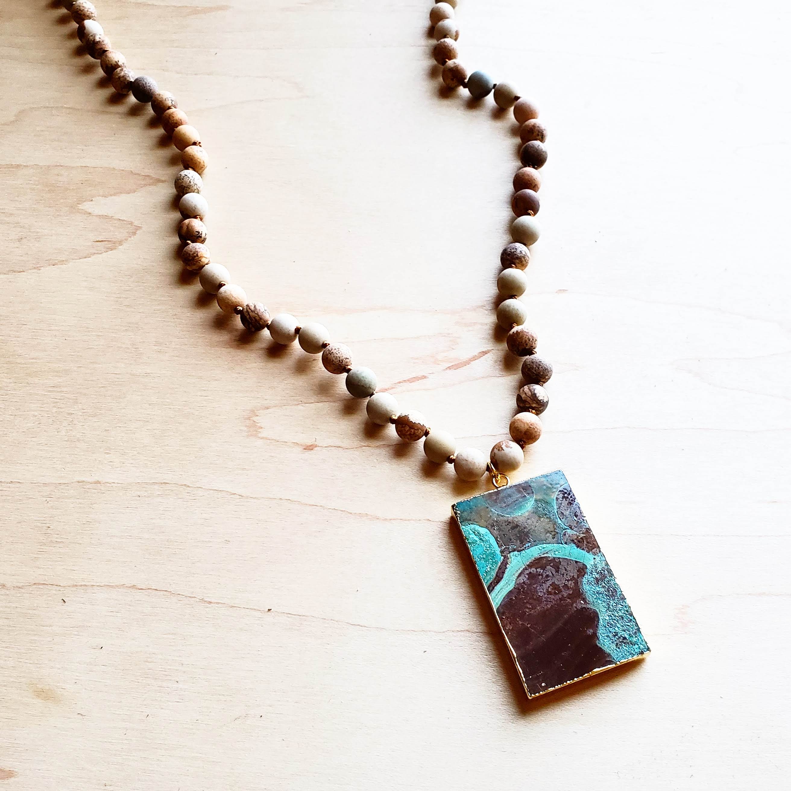 Bohemian Natural JASPER Beaded Necklace with Ocean Agate Pendant