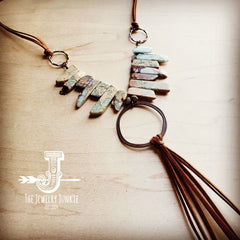 Aqua Terra Necklace w/ Hammered Copper Hoop and Long Fringe