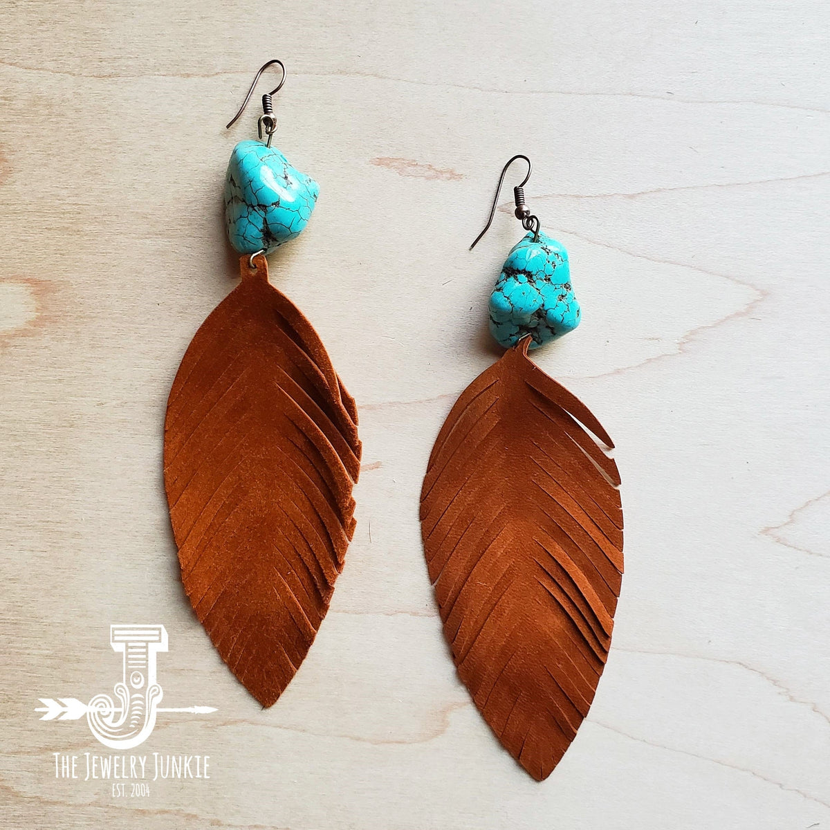 Tan Suede Feather Earrings with Turquoise Chunks