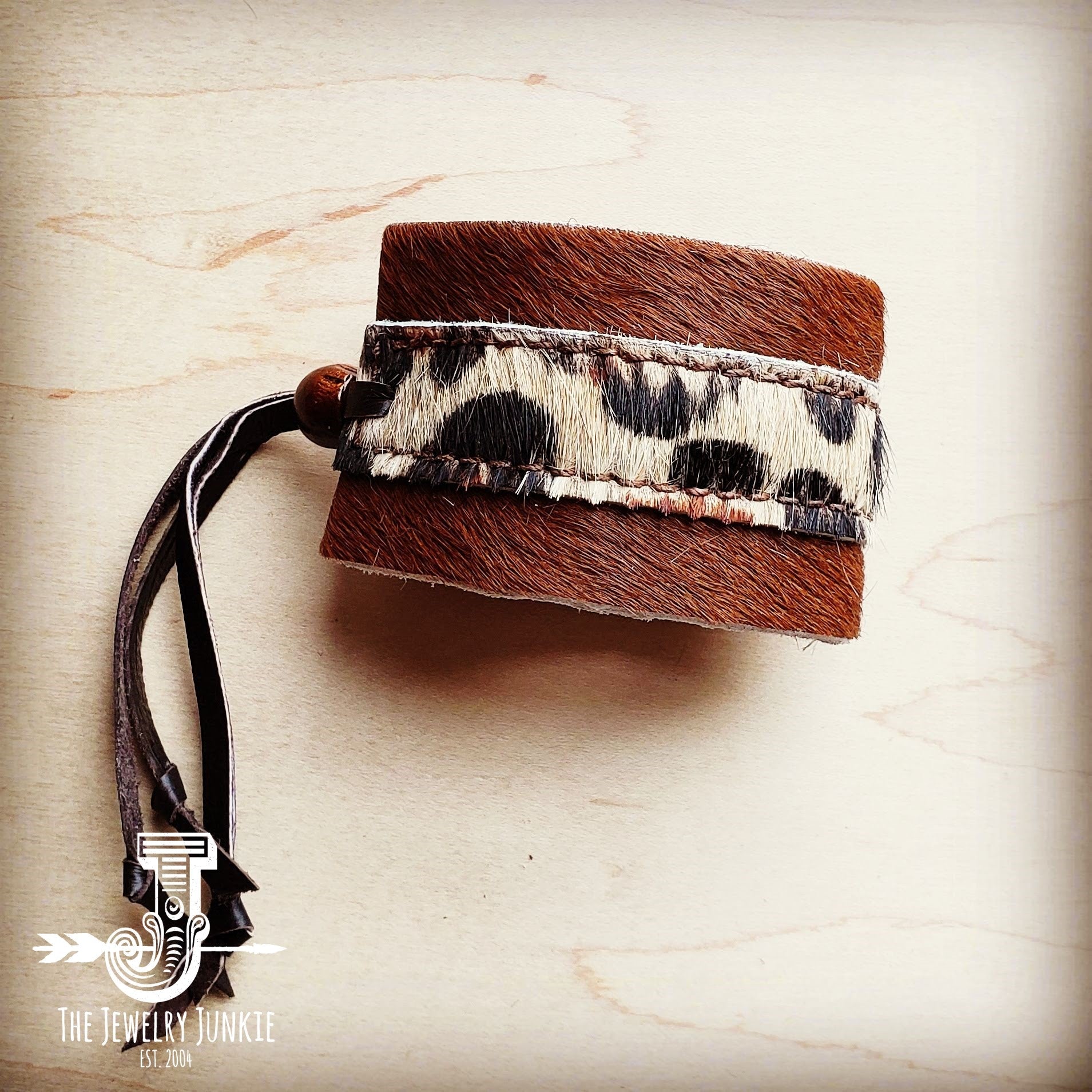 Leather Cuff w/ Adjustable Leather Tie-Leopard Hair on Hide