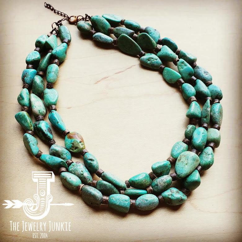 Large Triple Strand Natural Turquoise & Wood Collar Necklace