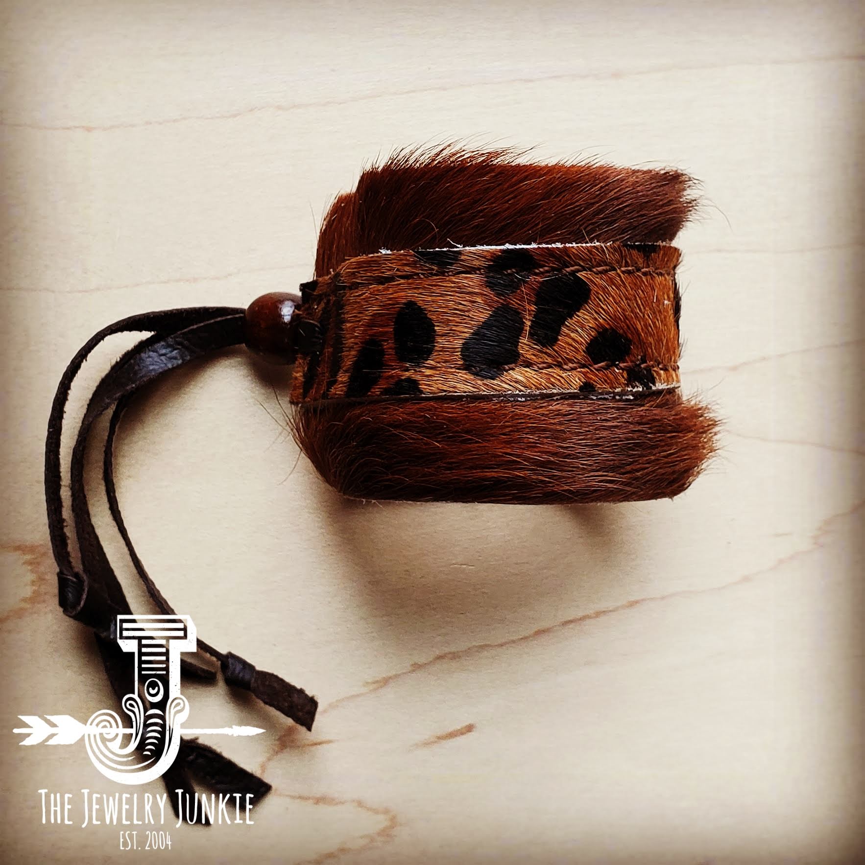 Leather Cuff w/ Adjustable Leather Tie-Leopard Hair on Hide