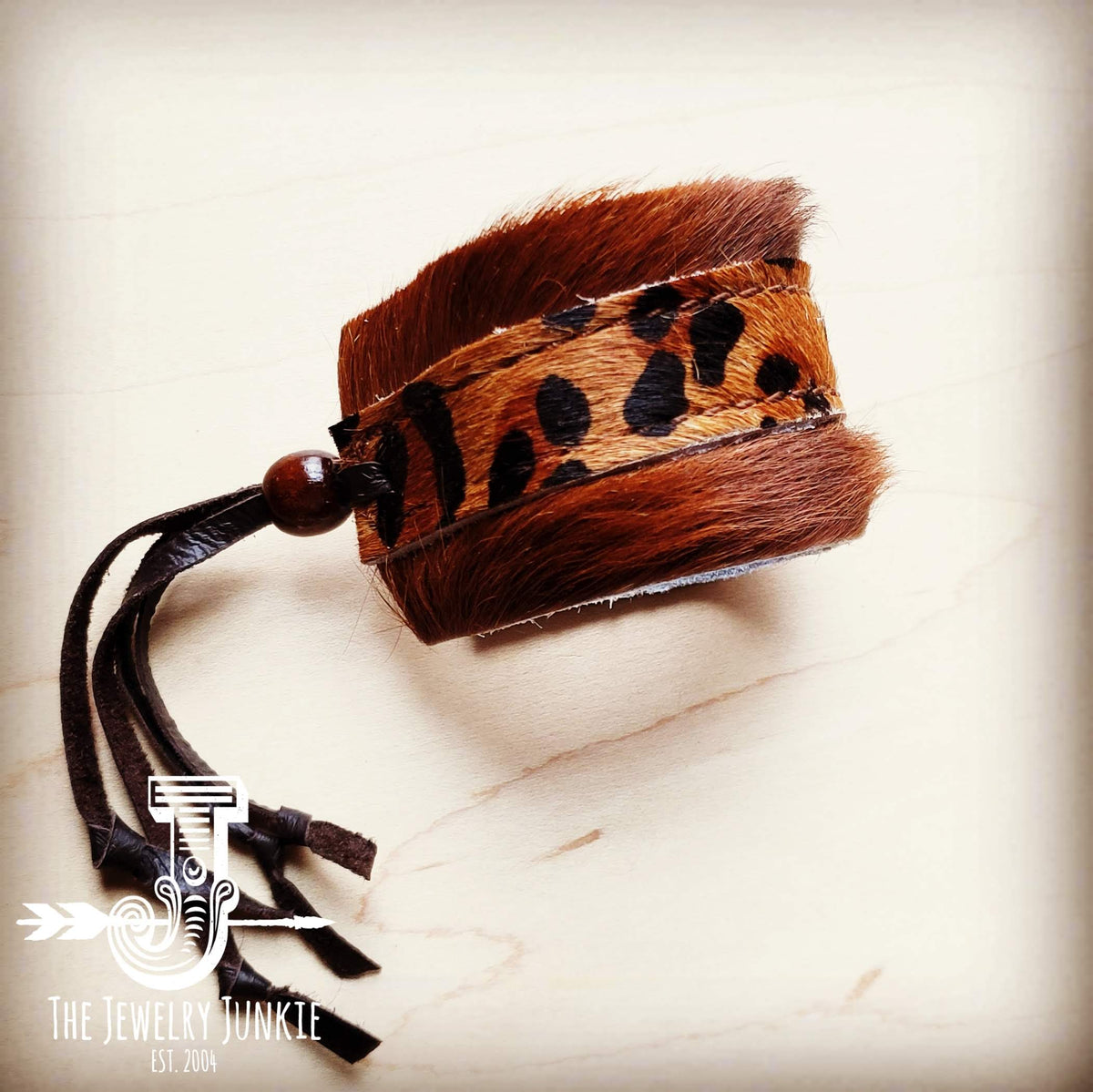 Leather Cuff w/ Adjustable Leather Tie-Leopard Hair on Hide