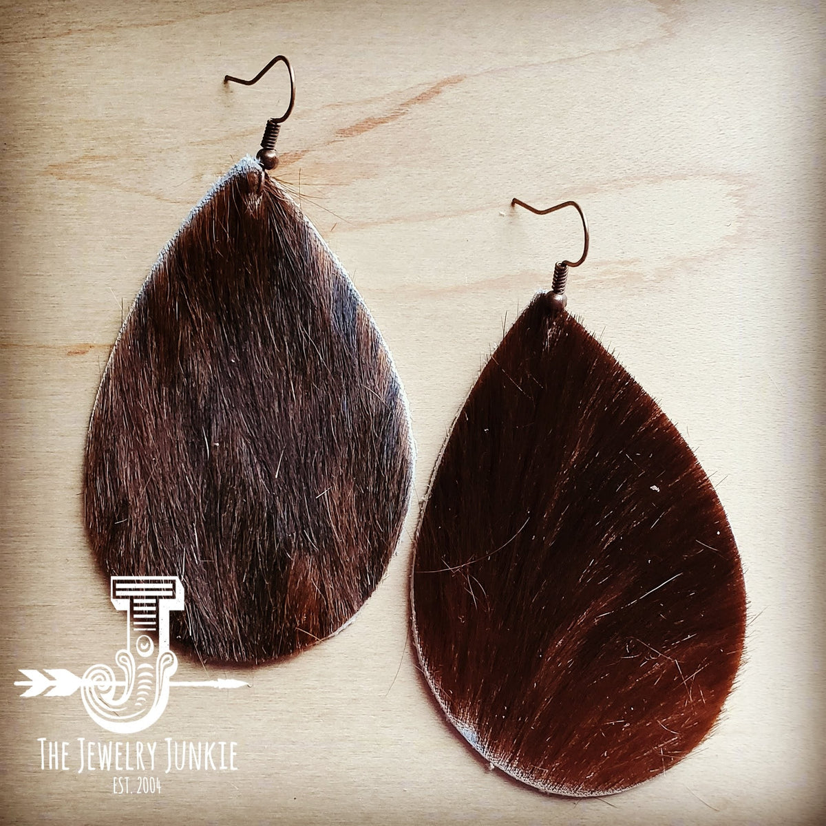 Leather Teardrop Earrings in Brown Hair on Hide