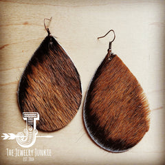 Leather Teardrop Earrings in Brown Hair on Hide