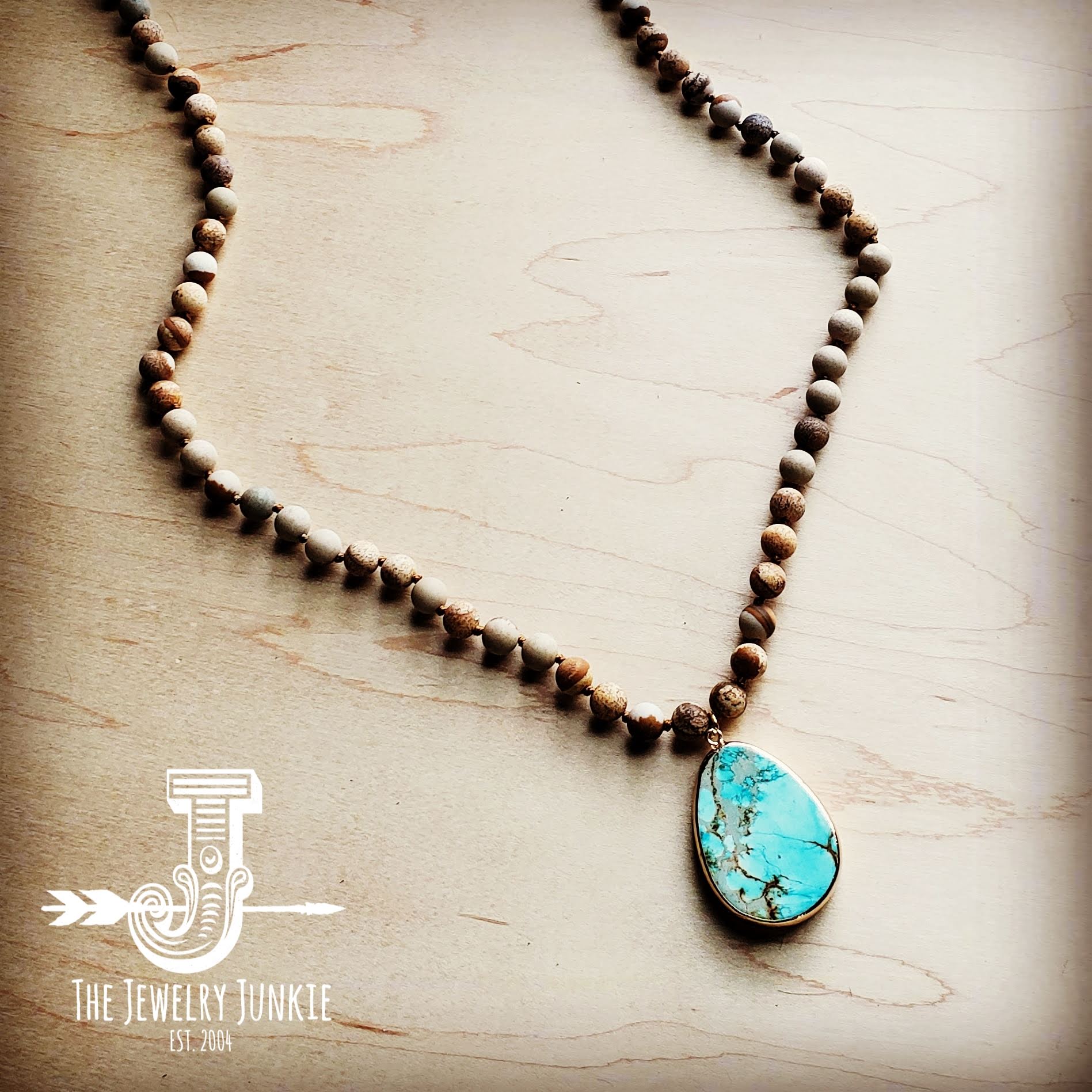 Bohemian Natural JASPER Beaded Necklace with Ocean Agate Pendant