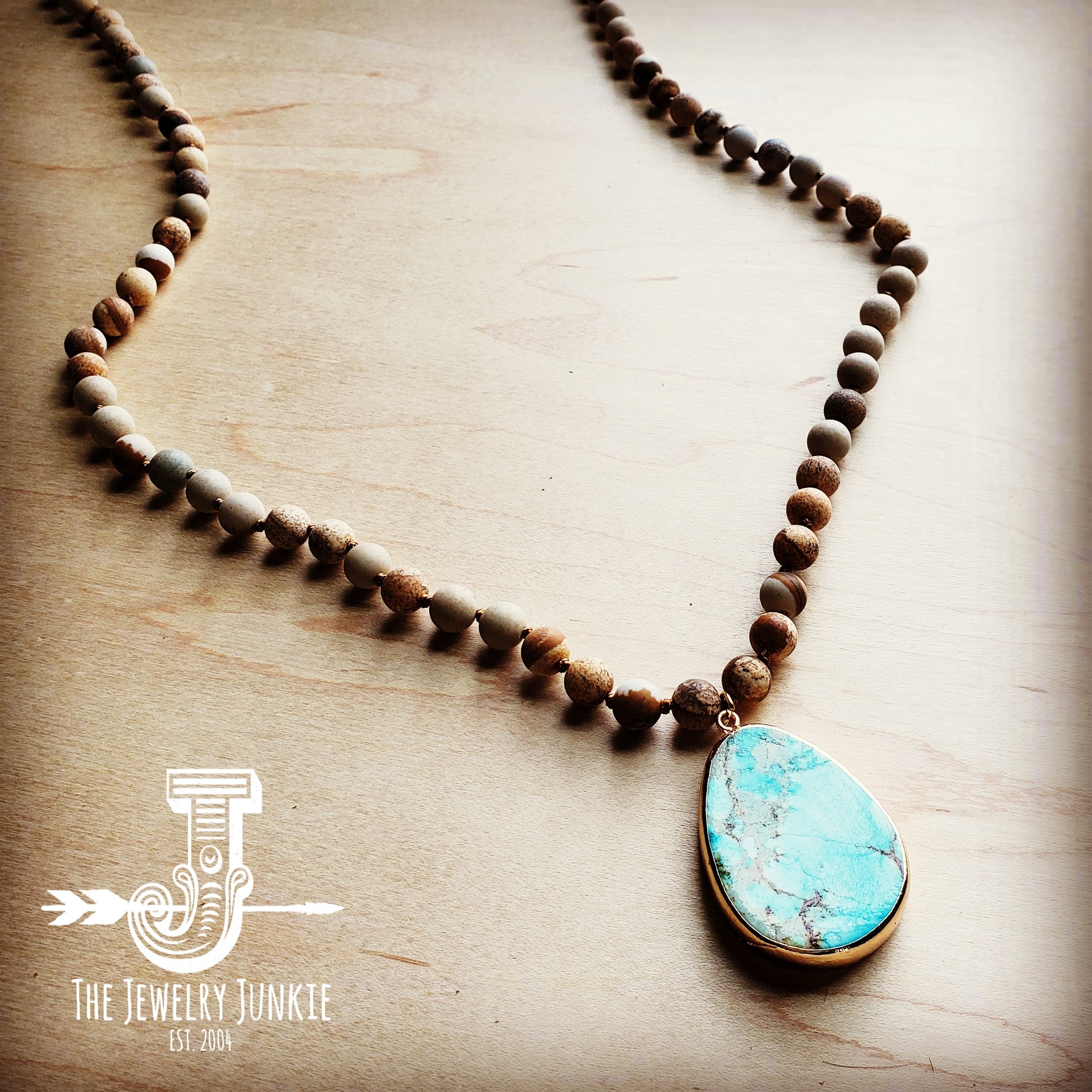 Bohemian Natural JASPER Beaded Necklace with Ocean Agate Pendant