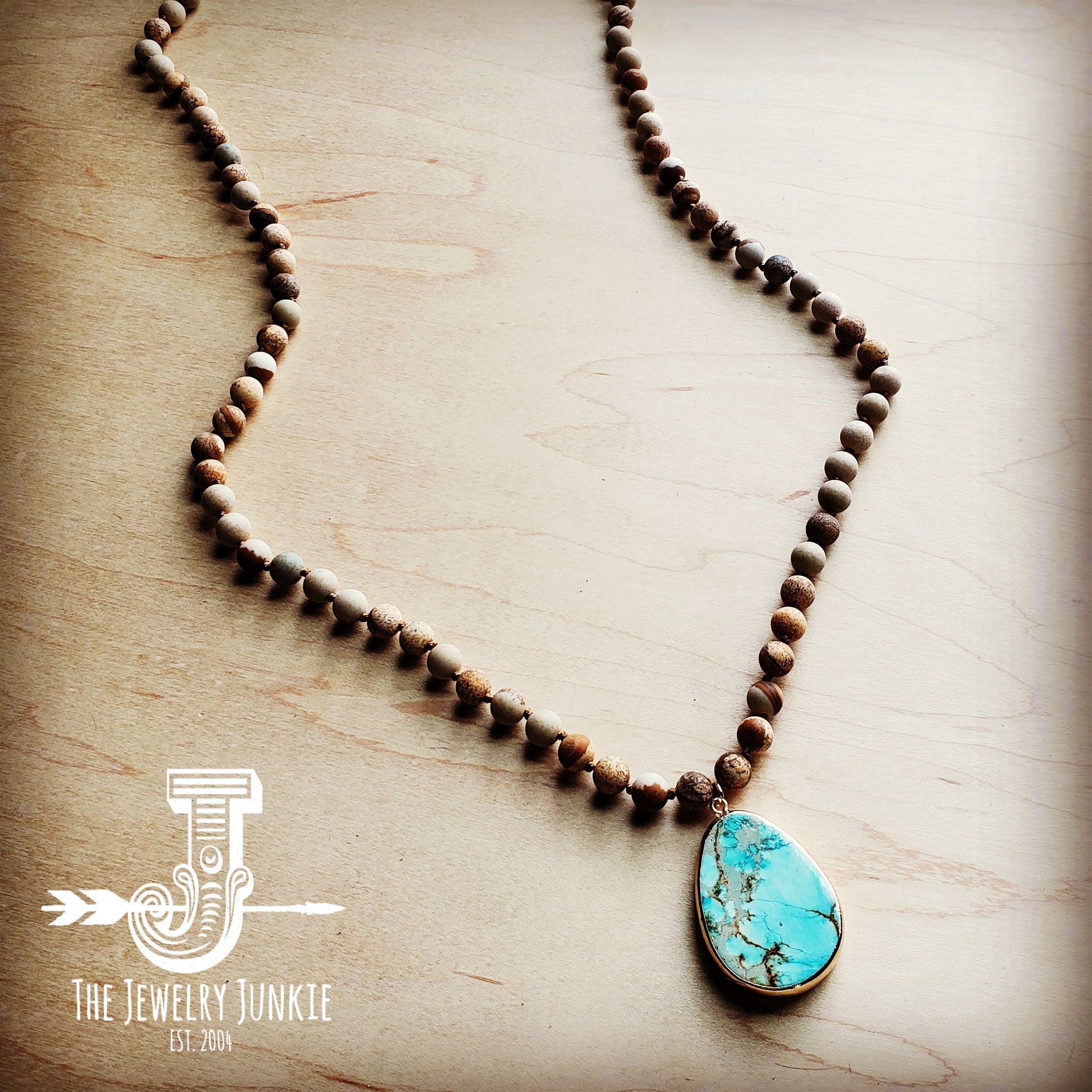 Bohemian Natural JASPER Beaded Necklace with Ocean Agate Pendant