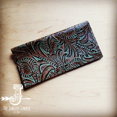 Embossed Leather Wallet in Turquoise Brown Floral