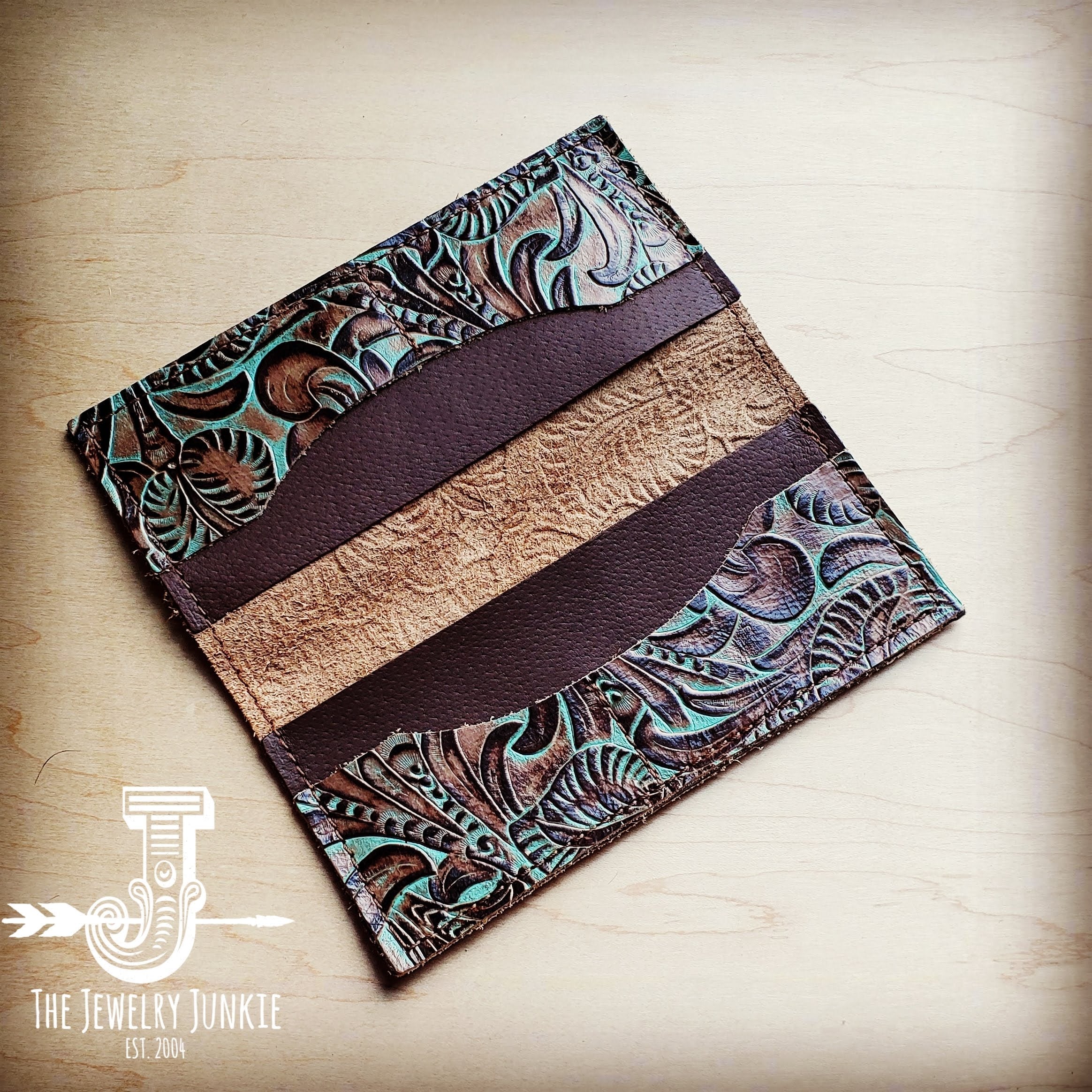 Embossed Leather Wallet in Turquoise Brown Floral