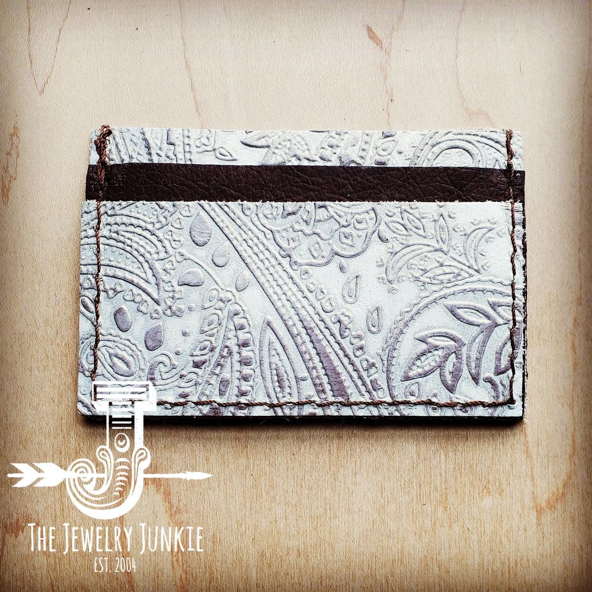 Embossed Leather Credit Card Holder-Oyster Paisley