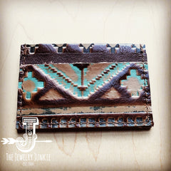 Embossed Leather Credit Card Holder-Turquoise Navajo