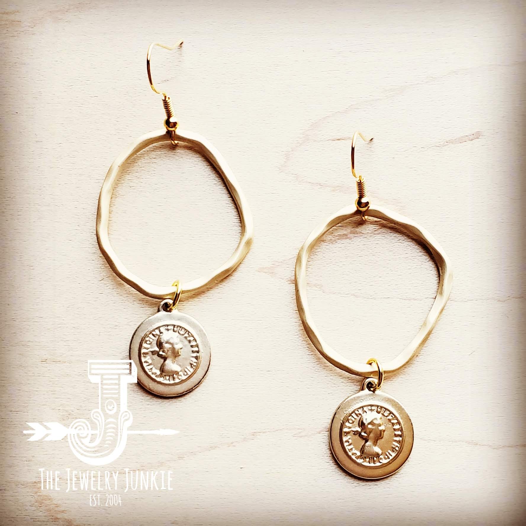 Matte Gold Hoop Earrings with Coin Dangle