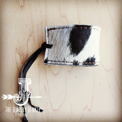 Leather Cuff w/ Adjustable Tie in Black & White Hair on Hide