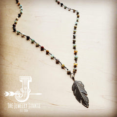 Amazonite Beaded Necklace with Antique Gold Feather