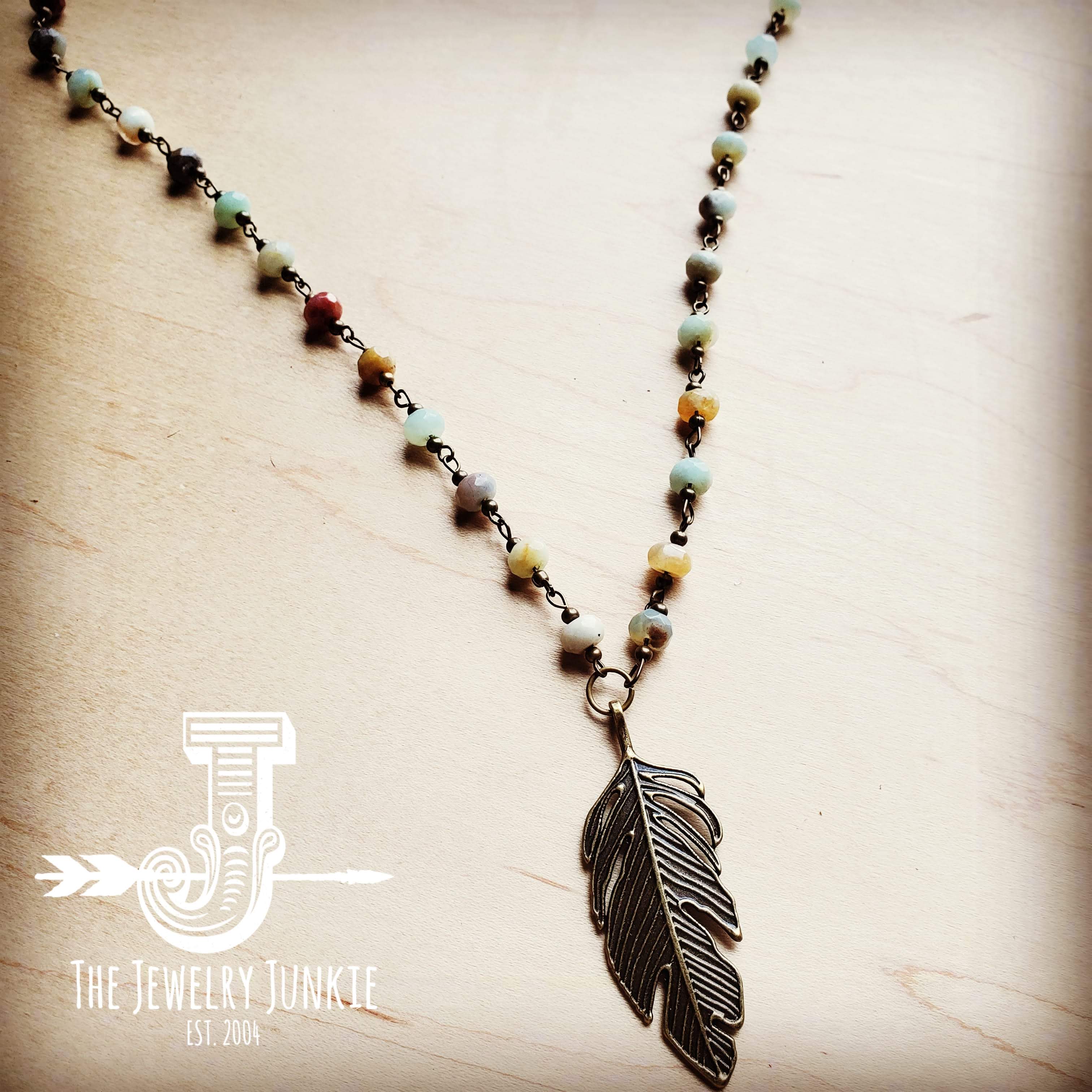 Amazonite Beaded Necklace with Antique Gold Feather