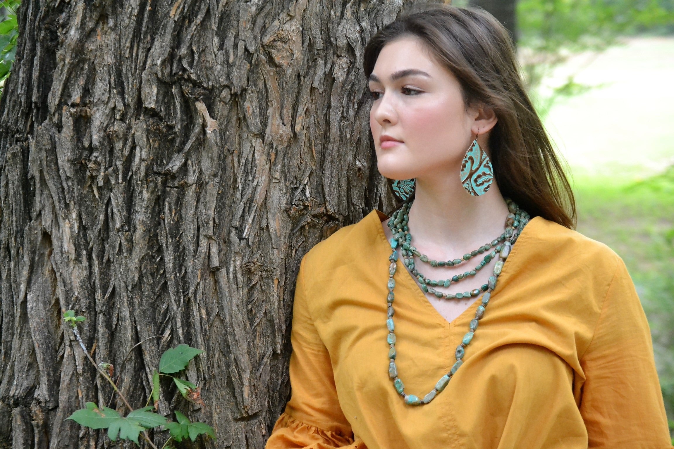 Genuine Long Natural Turquoise and Wood Layering Necklace