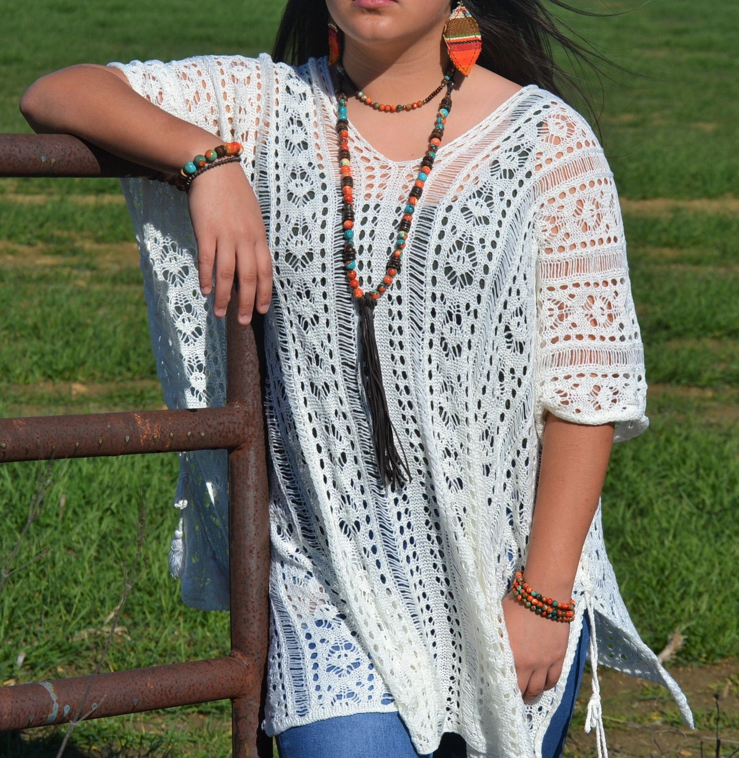 Multi-Colored Turquoise Necklace with Wood Beads and Leather Tassel