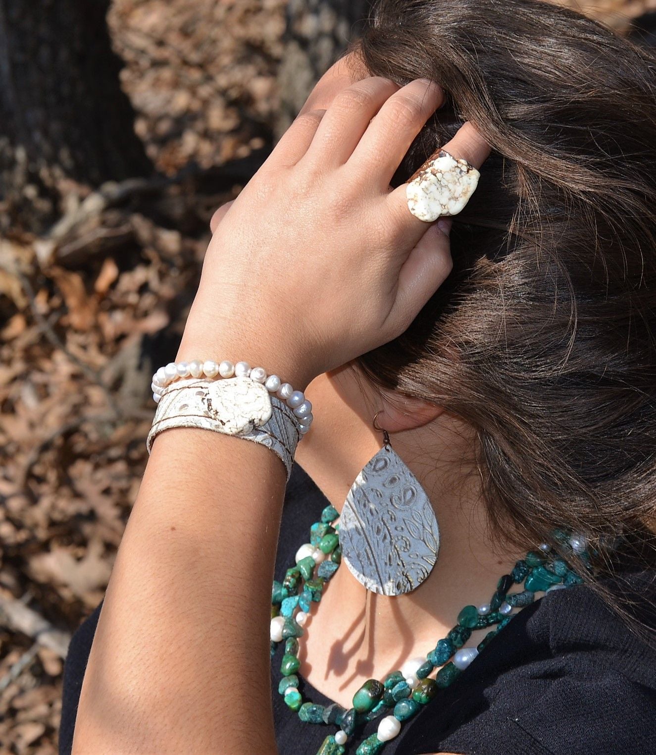 Chunky White Turquoise Slab on Hammered Gold Cuff Ring Base