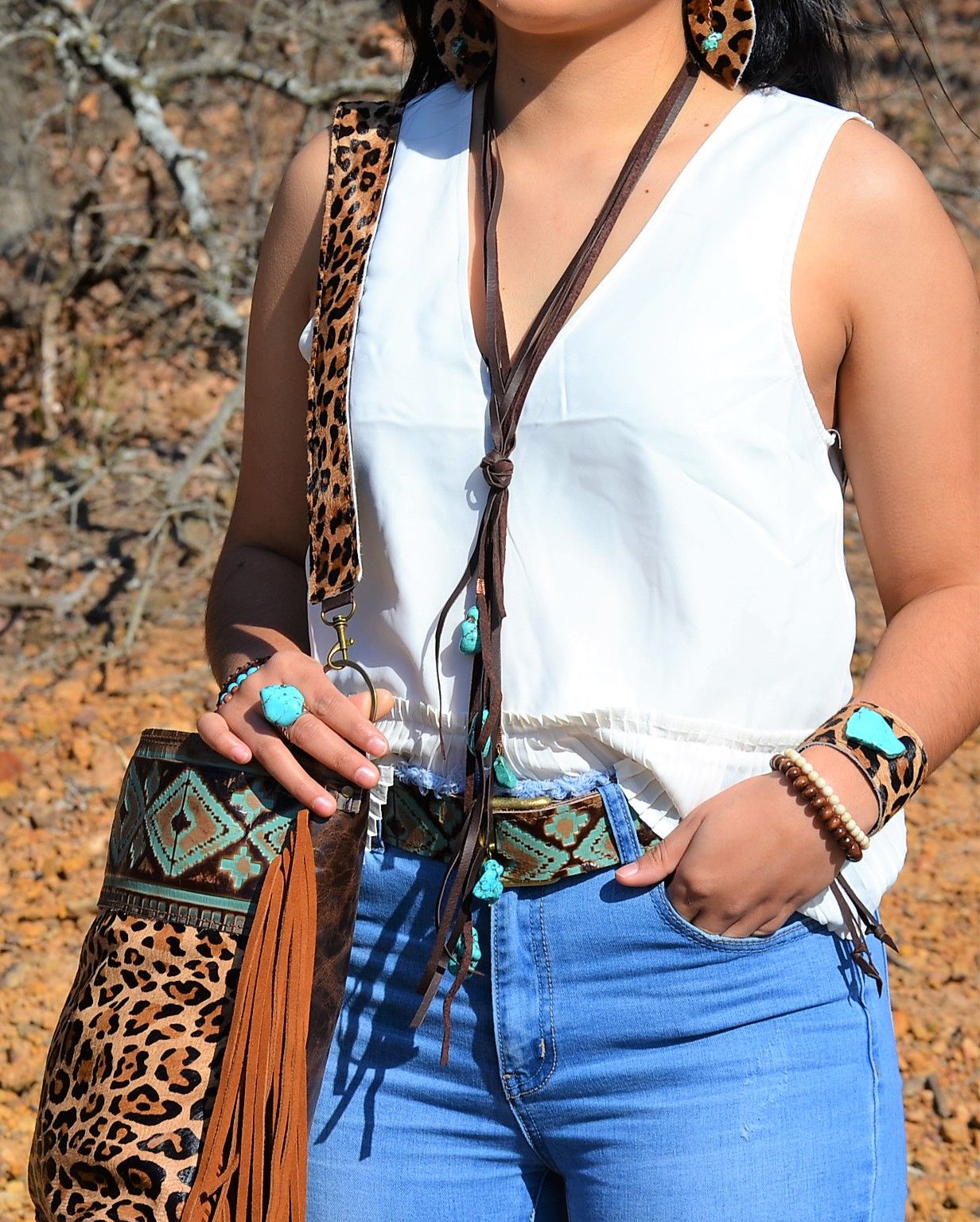 Brown Leather Lasso Necklace with Turquoise Accents